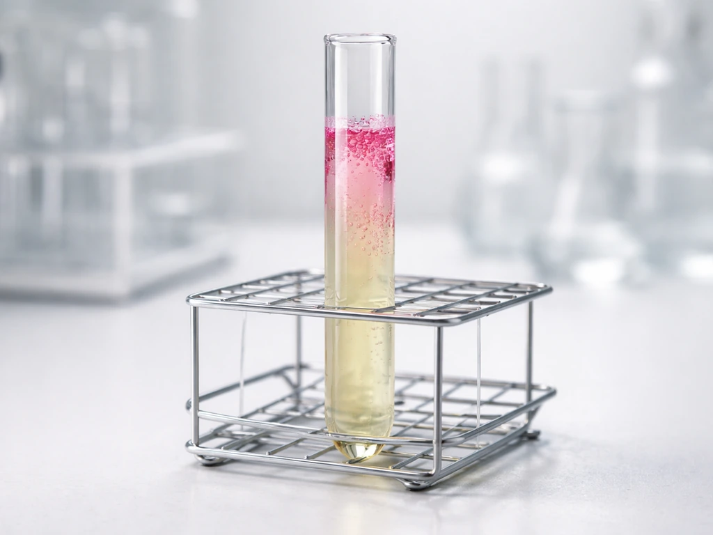 Clear thioglycollate tube on bench with pink resazurin spread indicating a disrupted oxygen gradient.