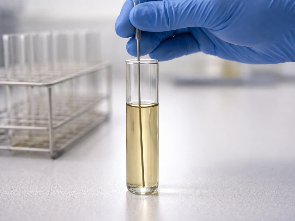 Gloved hand inserts an inoculating loop to the bottom of a broth tube in a lab setting.