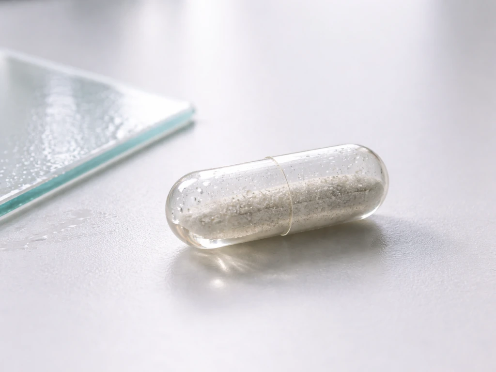 Minimal photo of a pill beside a slightly fogged surface, suggesting moisture resistance and fungal growth needs.