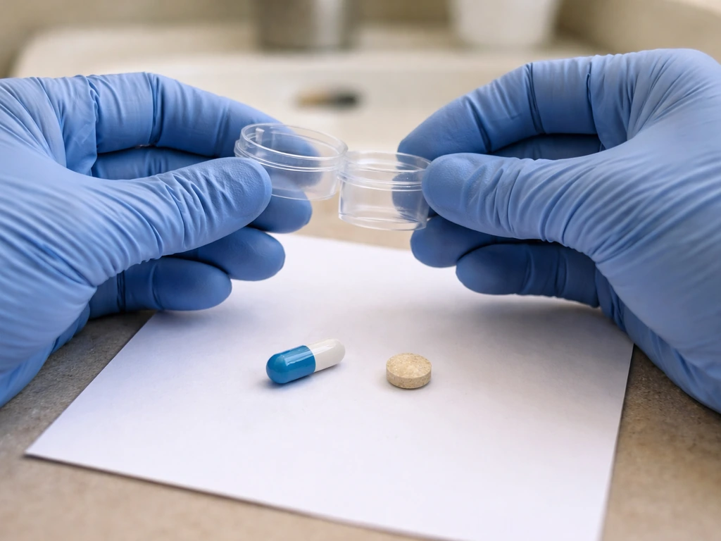 Gloved hands place pills on clean paper on a tabletop to inspect the surface safely