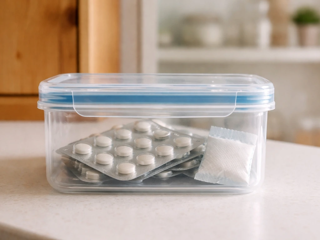 Close-up of pills in an airtight container beside a dry cabinet, highlighting moisture-free storage